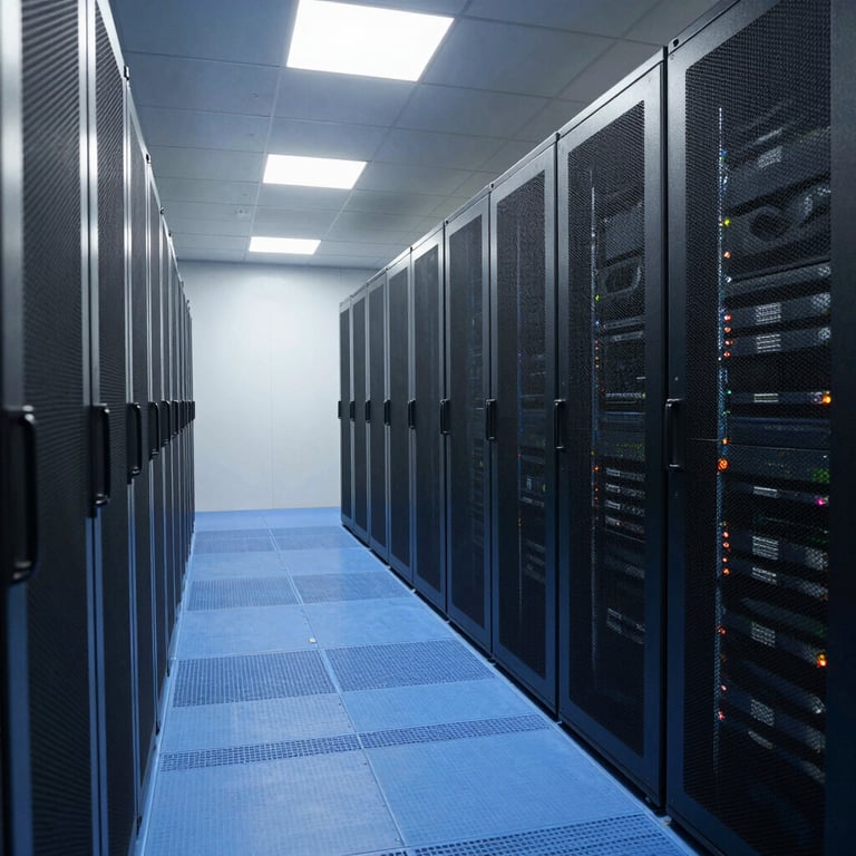 A wide shot of a pristine data center aisle with blue floor lighting and tall server cabinets in a professional Pune facility.