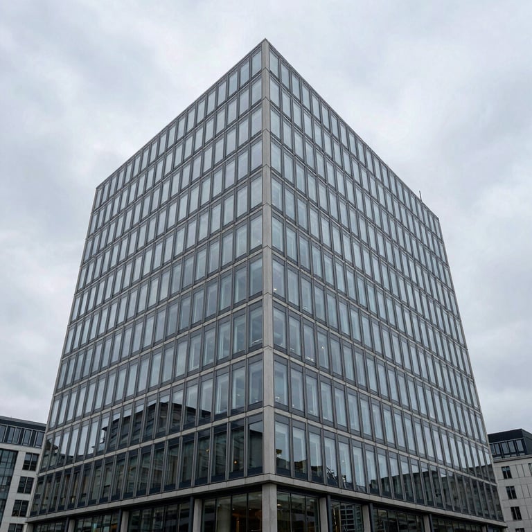 Exterior architecture of a glass and steel office building in a German city center under an overcast sky.