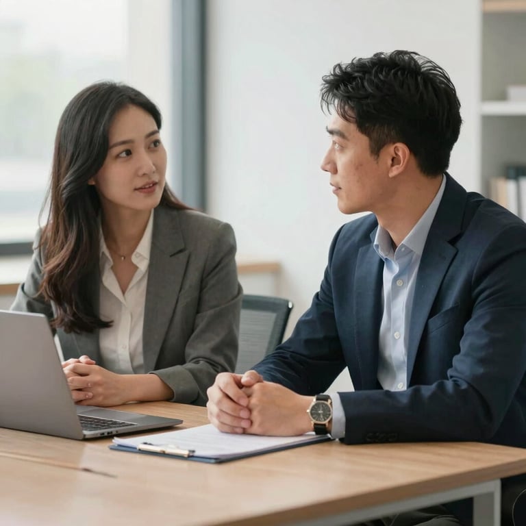 A professional meeting between two colleagues in smart-casual business attire within a bright, natural-light environment.
