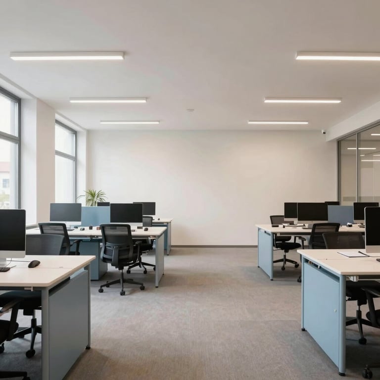 Wide shot of a bright, modern open-plan office space with off-white walls and light blue furniture accents in Germany.