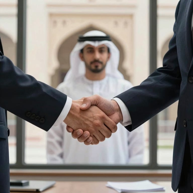 A professional handshake in an office setting with traditional Middle Eastern architectural details visible through a window.