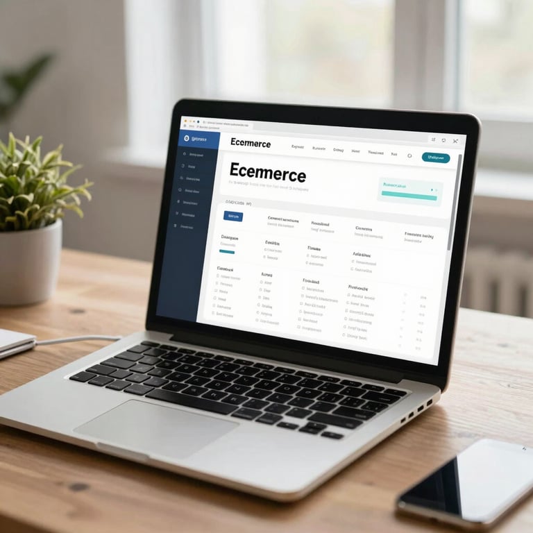 A clean desk setup featuring a laptop displaying an eCommerce dashboard, bright natural light, professional mood.