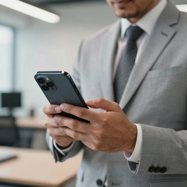A close-up of a business professional in a light gray suit using a high-end smartphone in a modern Riyadh workspace.