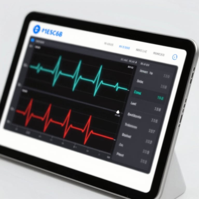 Close-up of a high-resolution medical interface on a tablet, showing a heartbeat monitor and patient data, with professional #1E5C6B branding.