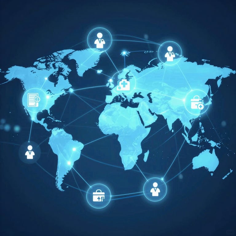 An abstract image representing global connectivity and healthcare: glowing digital lines connecting medical icons, using #5BA8A1 and #1E5C6B.