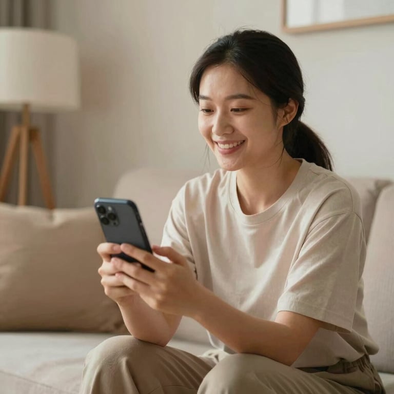 A patient in a comfortable home setting, holding a smartphone and smiling during a video consultation. Warm, soft lighting, calm reliability.