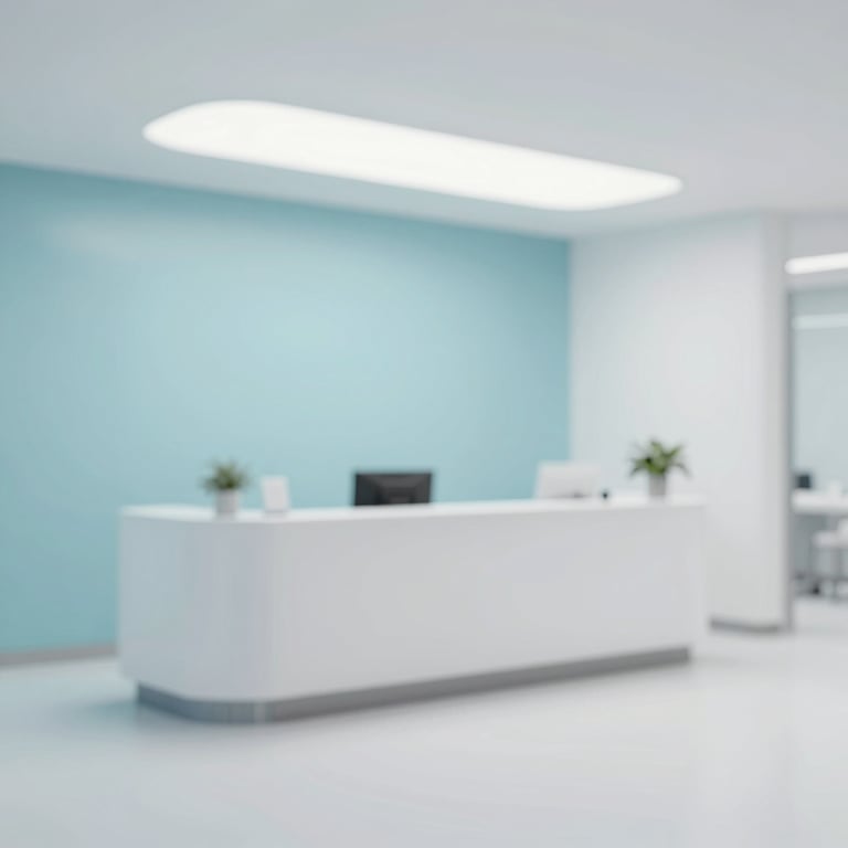 Interior of a modern, minimalist medical clinic reception area, very clean and professional, with a color scheme of #EEF8F7 and #1E5C6B.