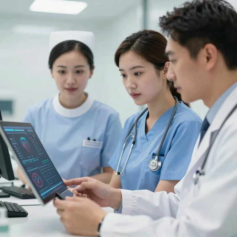 A doctor and a nurse in a professional setting, looking at a digital medical record together, embodying teamwork and modern efficiency.