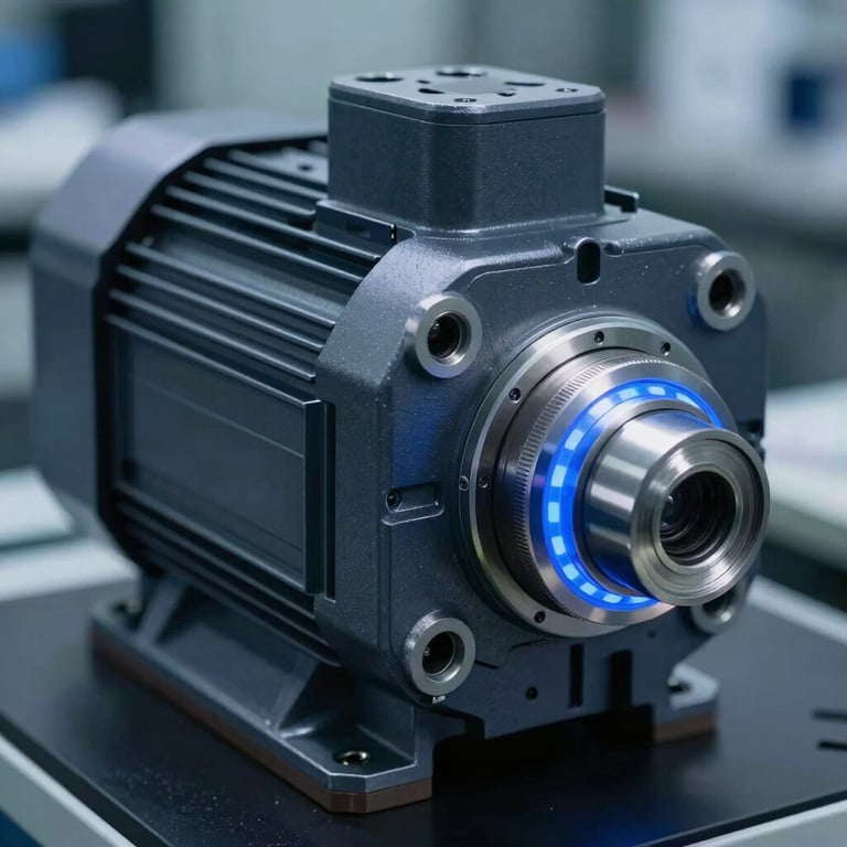 Straight-on technical elevation of heavy-duty industrial servo motor with integrated encoder, cool blue LED lighting, sharp shadows, metallic tones.