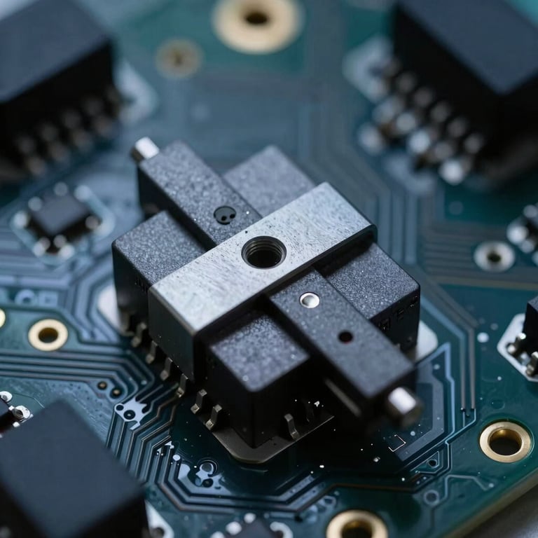 Macro photography of high-performance absolute encoder printed circuit board with clean solder joints, cool laboratory LED light, sharp shadows, deep charcoal tones.