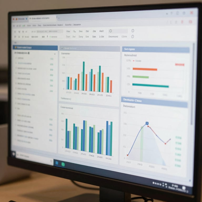 A close-up of a clean financial dashboard interface on a physical monitor, showing structured charts and clear operational metrics.