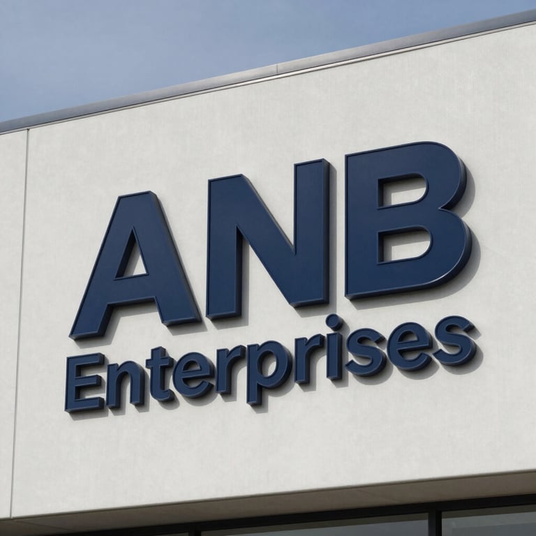 Exterior shot of the ANB Enterprises facility with professional dark navy branding and signage.