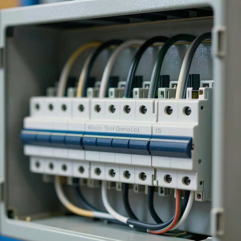 An organized circuit breaker panel with neatly routed cables, demonstrating high-quality craftsmanship and expertise.