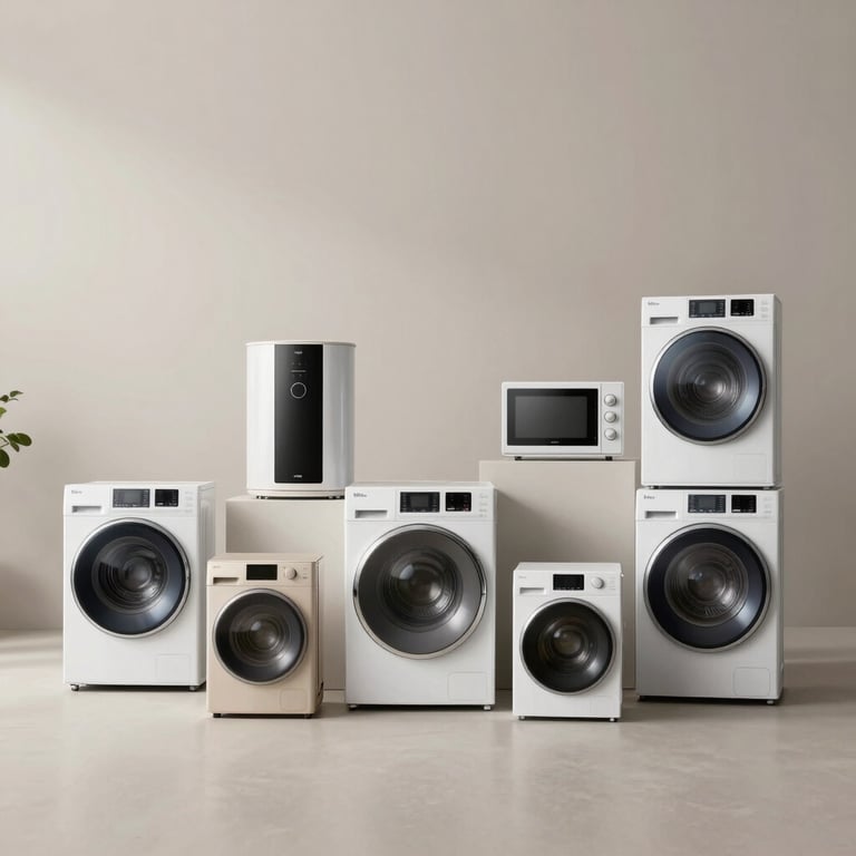 A collection of modern electrical home appliances displayed in a clean, minimalist showroom with pale mist lighting.