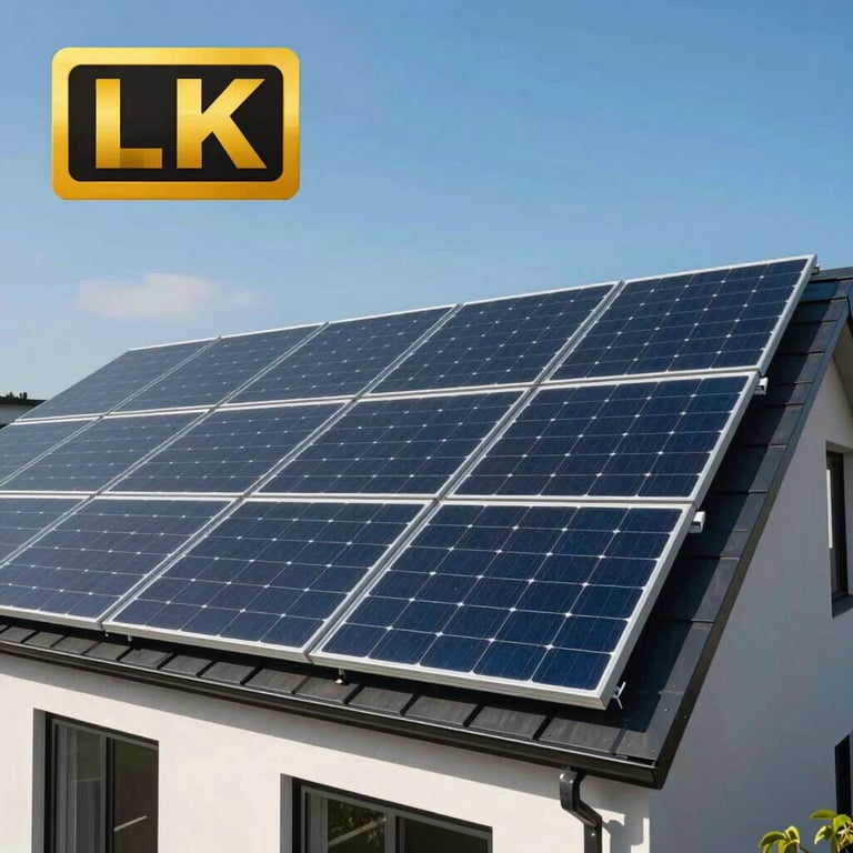 A residential solar panel array installed on a modern home under a clear sky blue sky.