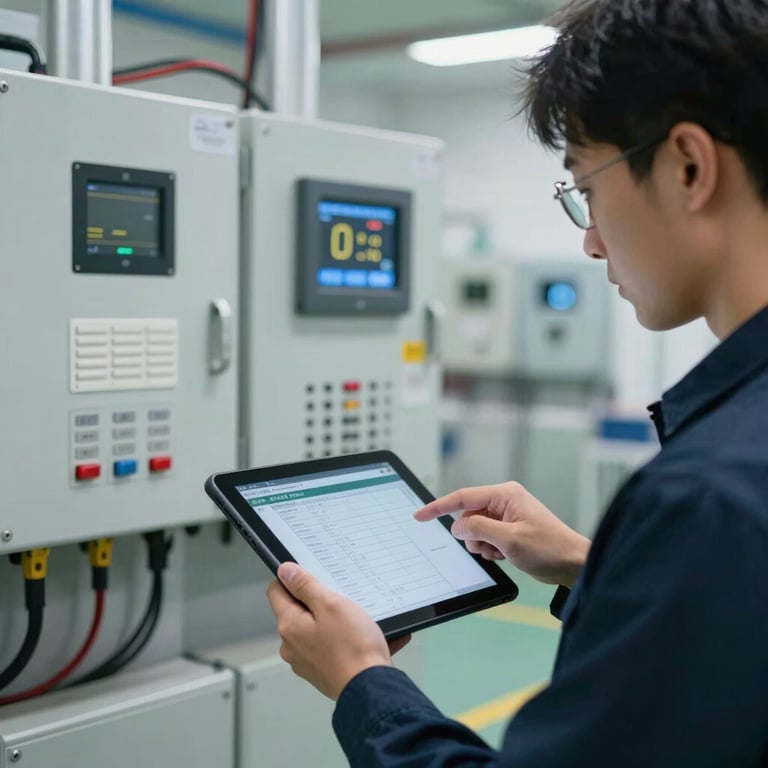 A technician using a tablet to monitor smart electrical automation systems in a commercial building.