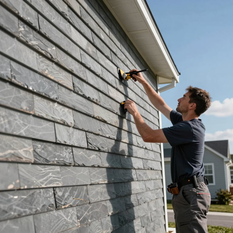A professional installing high-quality slate gray siding on a suburban residential building under a clear blue sky.