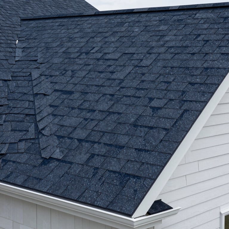 A detailed shot of freshly installed dark navy roofing shingles on a classic North American gabled roof.