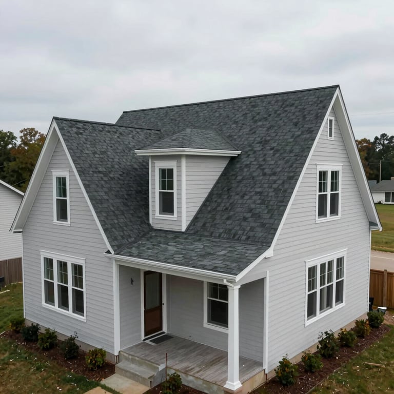 A wide shot of a completed full-home renovation including roofing, siding, and trim painting in North America.