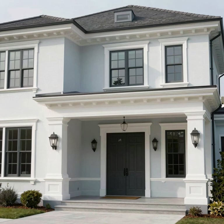 A freshly painted exterior of a luxury home featuring soft white and light blue-gray color tones.