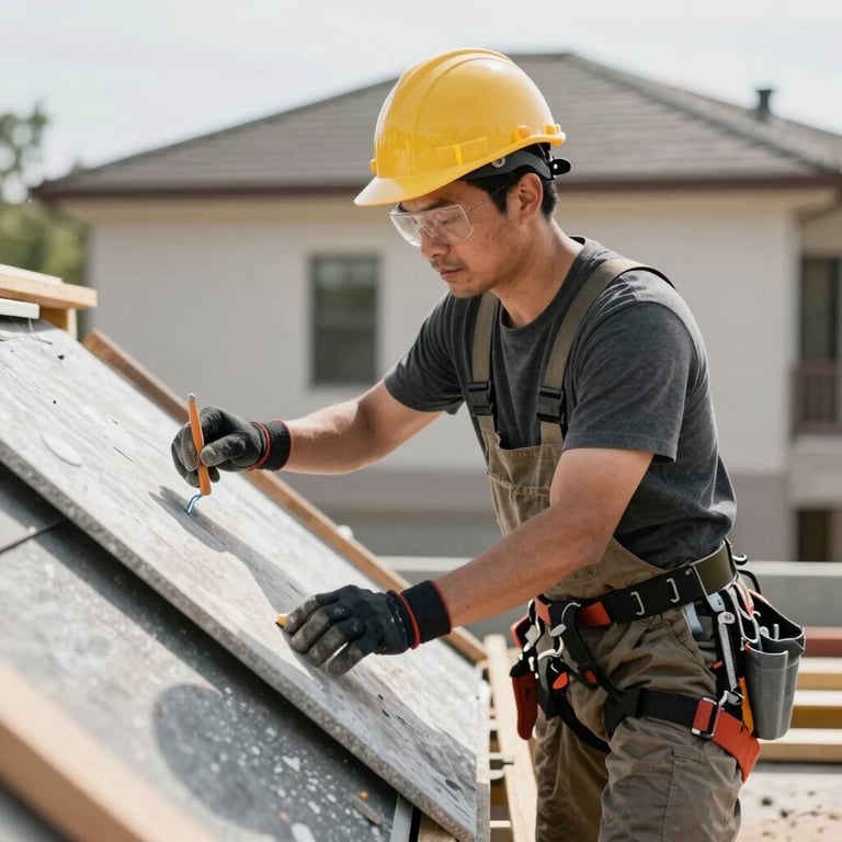 A roofer inspecting a finished residential project, showcasing the expert craftsmanship and reliable materials used.