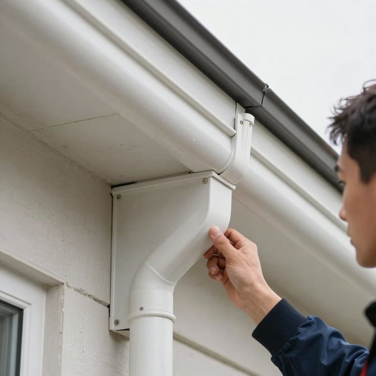 A close-up of seamless white gutters being secured by an expert technician in a residential setting.