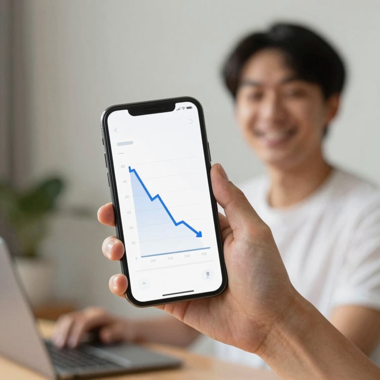 A happy person holding a smartphone showing a downward-trending energy cost graph with a smile, modern interior.