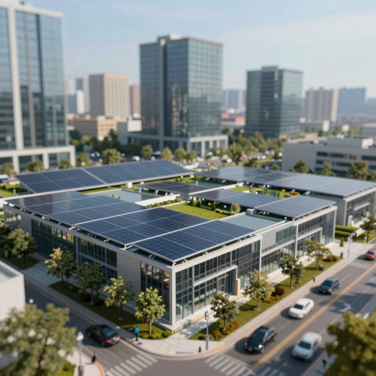 Sustainable urban landscape with subtle solar panel integration, professional and modern aesthetic.