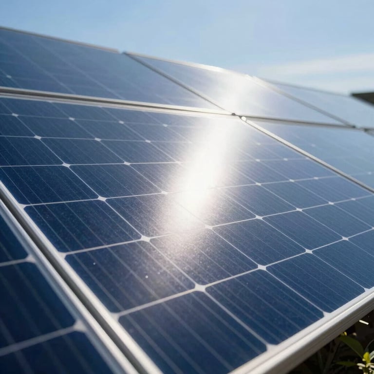 A detailed shot of a single solar panel reflecting a bright sun, emphasizing high efficiency and clean energy, palette including #0A1C2C.