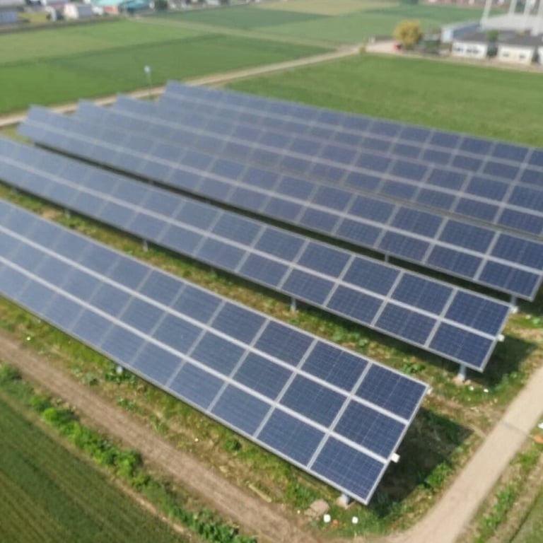 An aerial drone shot of a solar power plant in a green field, conveying large-scale sustainability and reliability.