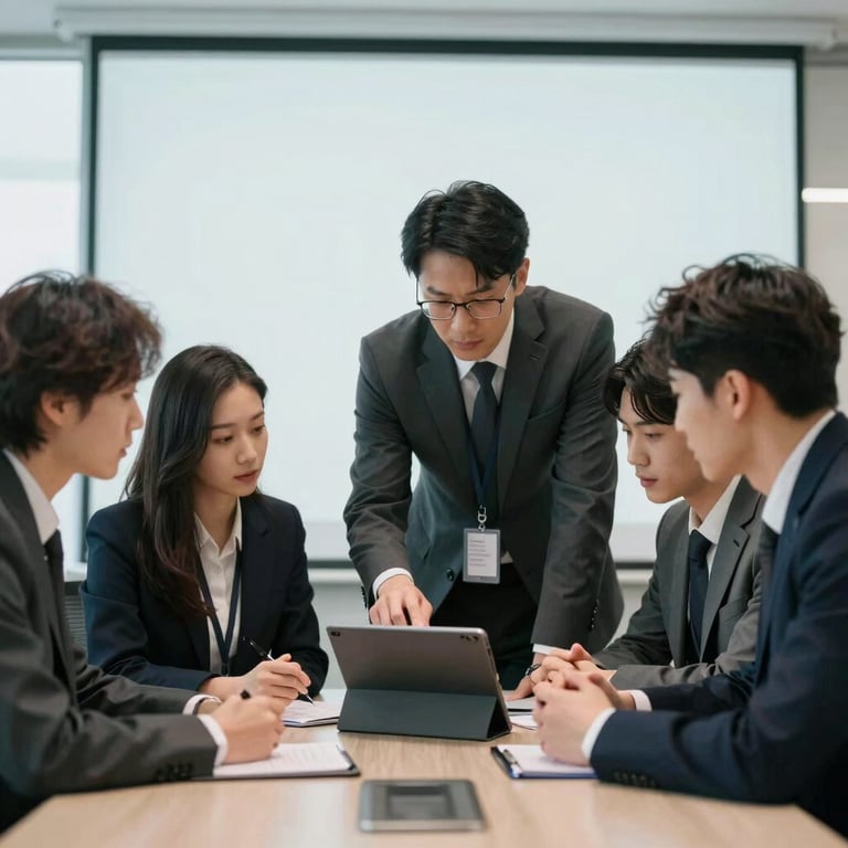 A professional team collaborating around a tablet in a bright, Cool Off-White conference room.