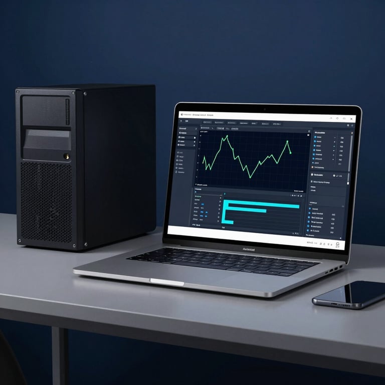 A minimalist workspace with a laptop and server monitoring software displayed, featuring Dark Navy Blue themes.