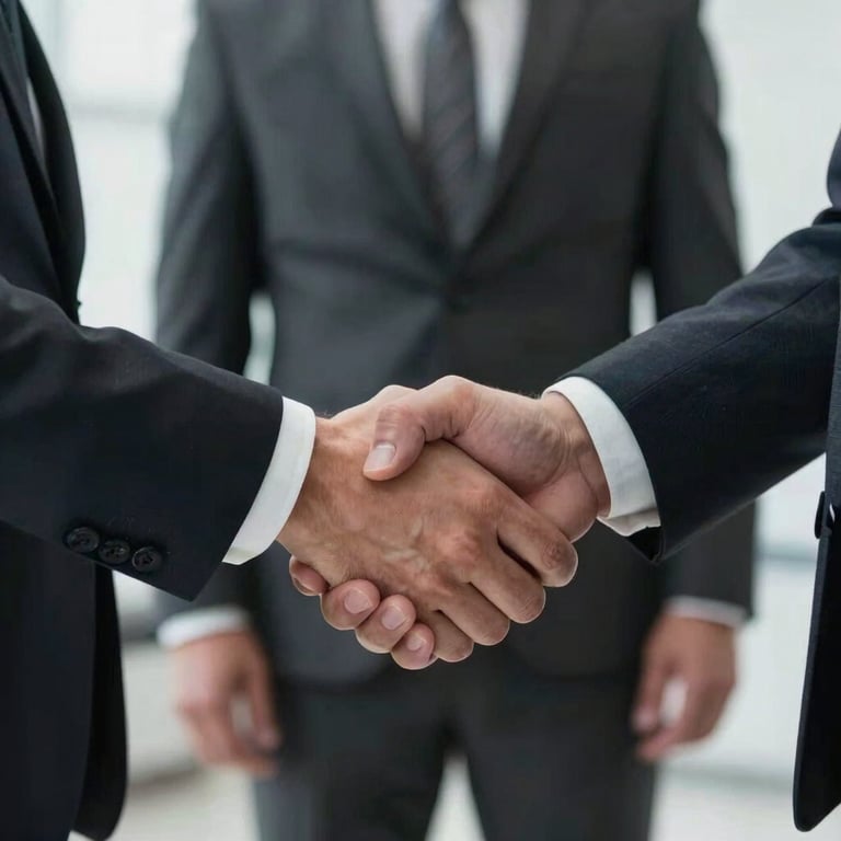 A handshake between two professionals in business attire, emphasizing trust and partnership.