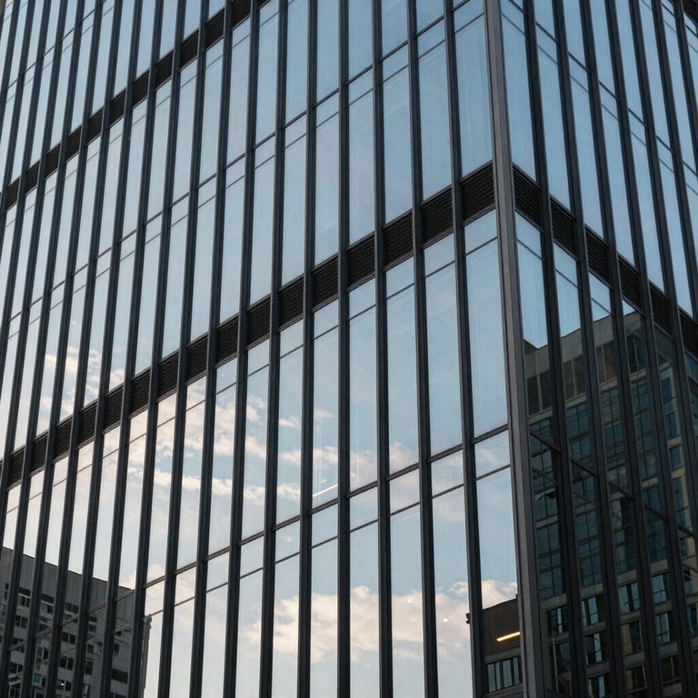 Modern corporate architecture in Atlanta with glass windows reflecting a Soft Sky Blue sky.
