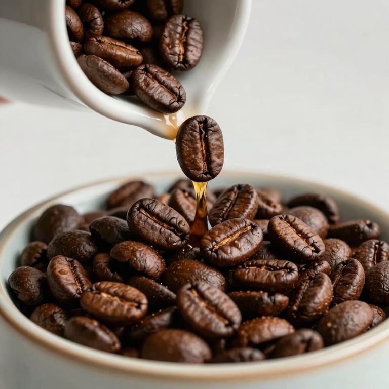 Close-up of premium, dark roasted coffee beans being poured into a ceramic mug, representing the Vitality pillar.