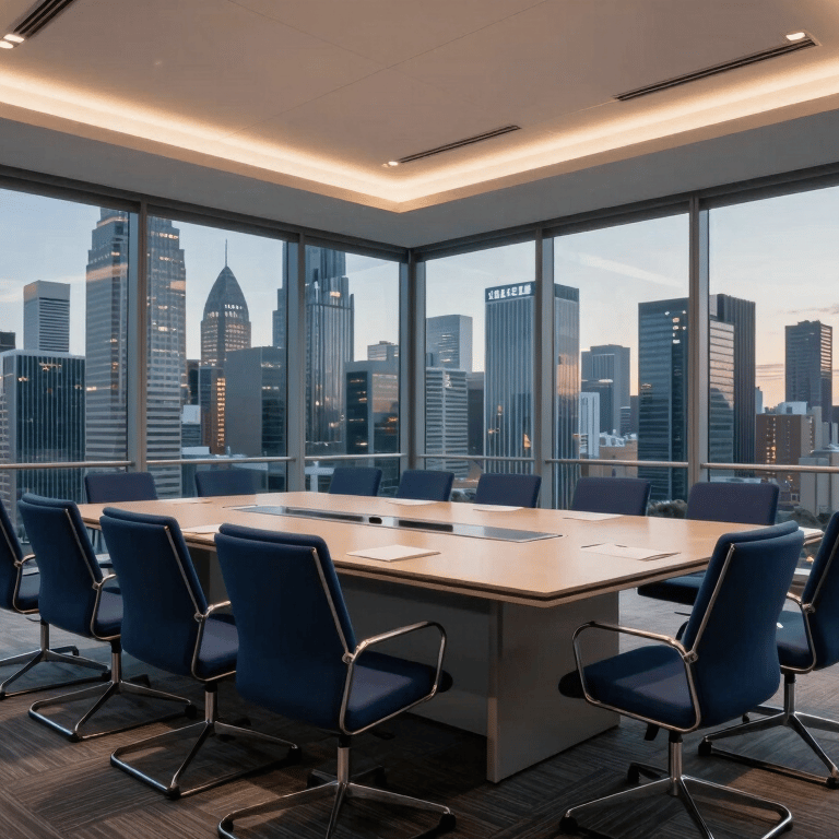 A wide-angle shot of a clean, organized logistics fulfillment center with soft purple branding accents and professional lighting.