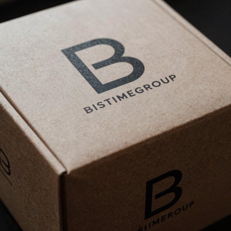 Detail of a branded event gift box with the BISTIMEGROUP logo, showcasing emotional branding and merchandising.