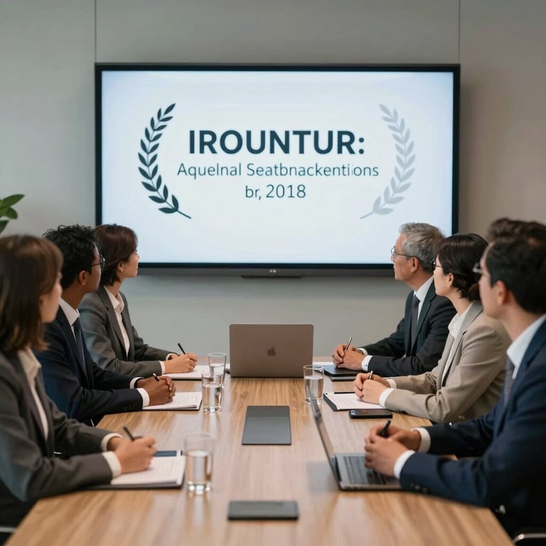 A group of diverse professionals in an executive meeting room, looking at a branding presentation on a large screen.