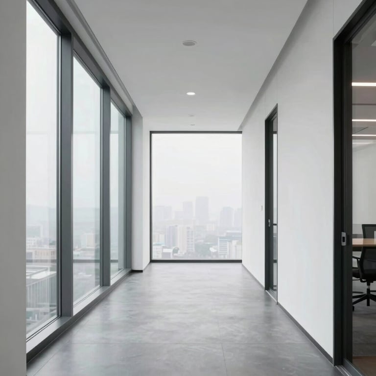 A minimalist office corridor with large windows and plenty of white space, symbolizing transparency and integrity.