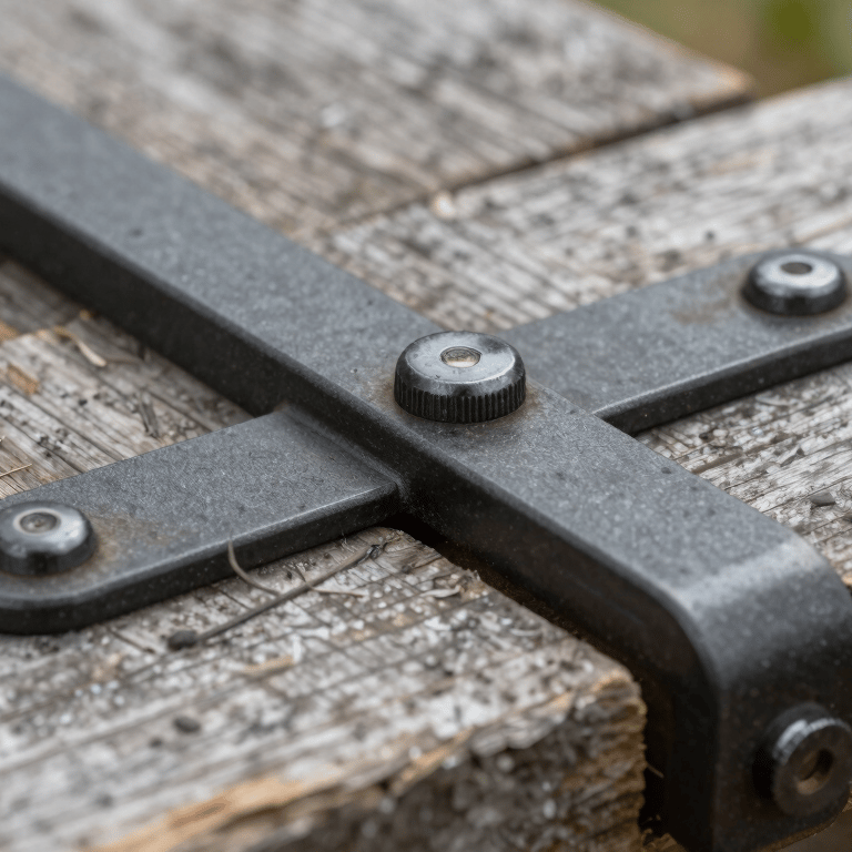 A finished charcoal grey modern pergola standing over a sage olive stone patio in a minimalist backyard.