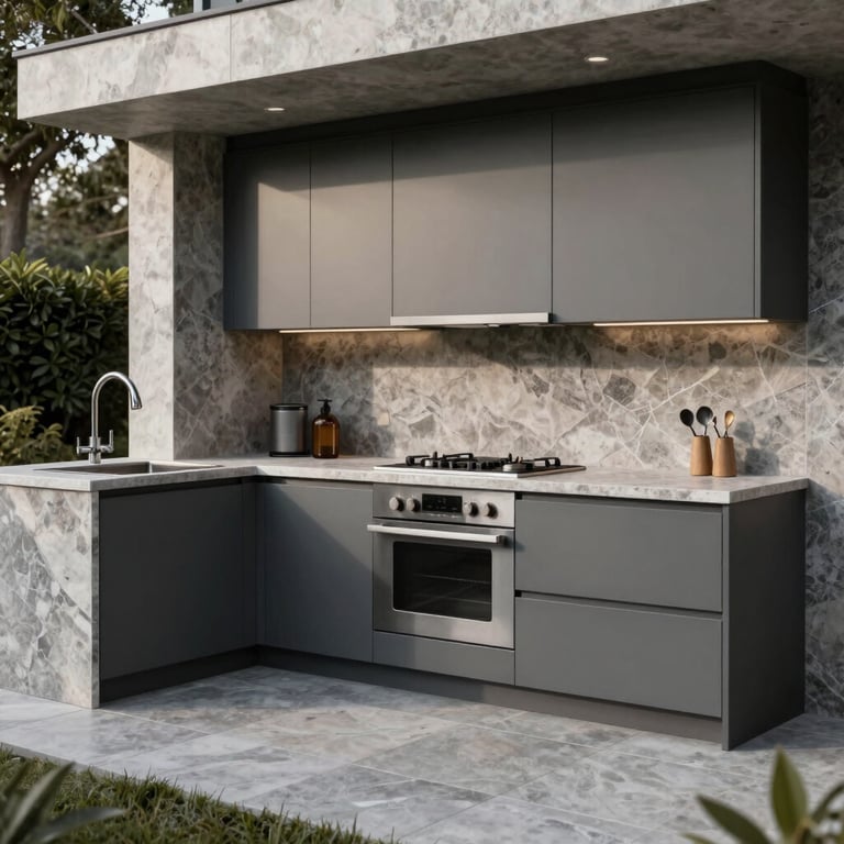 A sleek, modern outdoor kitchen build with high-end stone finishes and charcoal grey cabinetry.