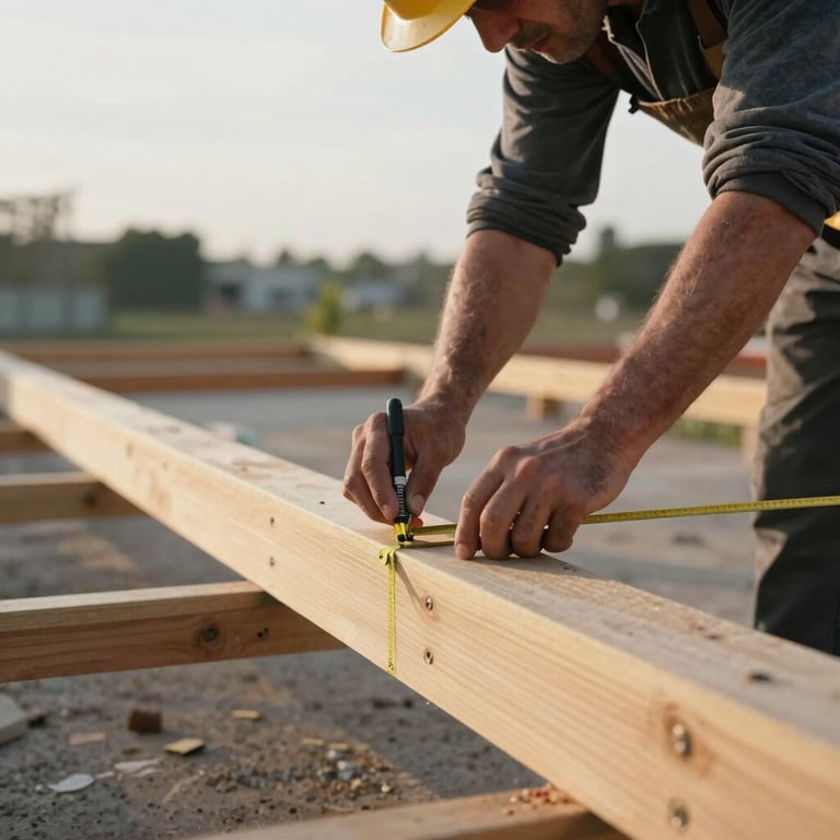 Action shot of a builder's hands measuring a structural beam for a large deck project in soft morning light.