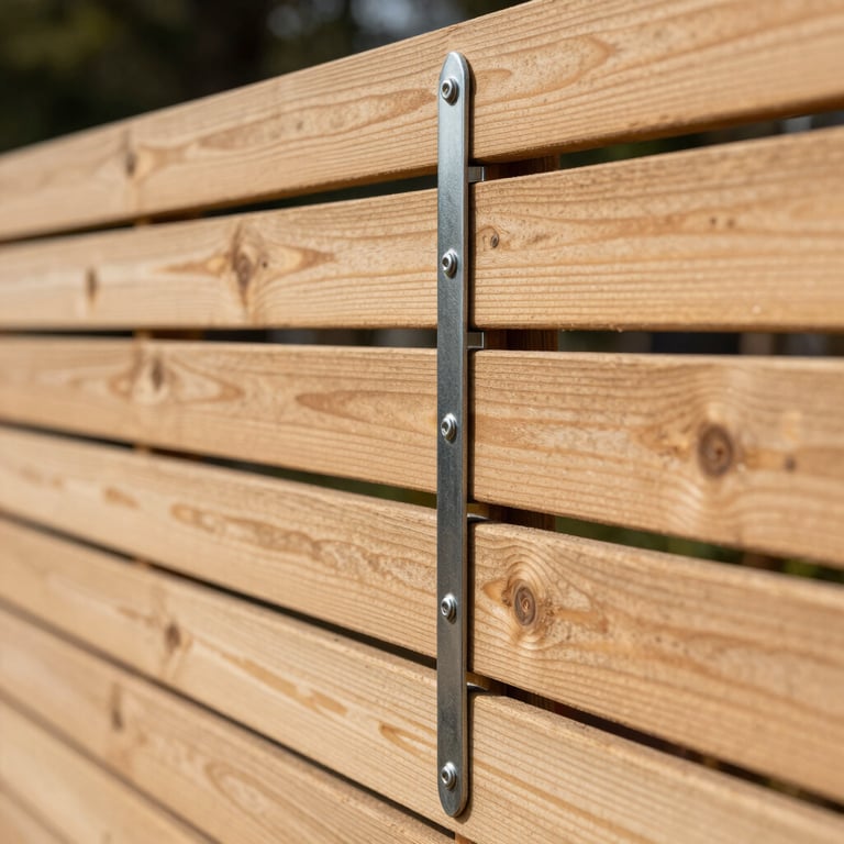 A detailed side view of high-quality cedar horizontal fencing with precise stainless steel hardware.