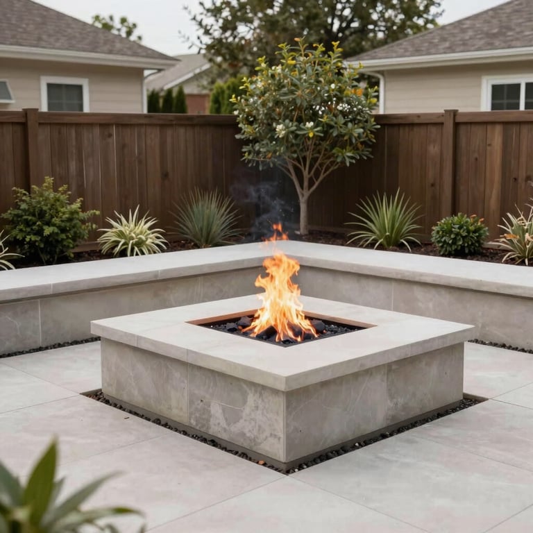 A wide shot of a completed backyard transformation featuring a clean-lined fire pit and minimalist landscaping.