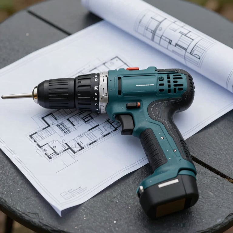 Close-up of a power drill and professional architectural blueprints on a dark slate grey outdoor table.