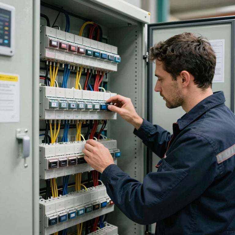 An electrical technician in a European / French commercial site checking a complex electrical panel, tidy wiring, technical and safe environment.