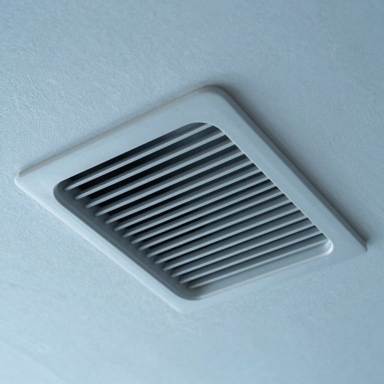 Macro shot of a modern ventilation grille integrated into a sophisticated ceiling design, clean lines, Steel Blue and Soft Blue tones.