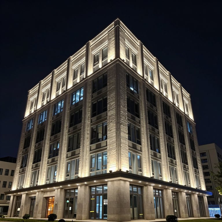 Exterior night shot of a modern building with high-end architectural lighting, highlighting the technical sophistication of the engineering, Dark Navy sky.