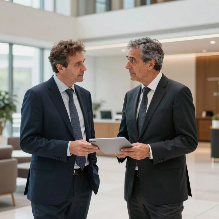 A team of two technical experts in professional attire discussing plans in a high-end European / French corporate lobby, bright and airy atmosphere.