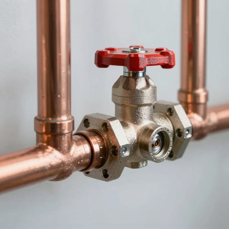 Close-up photography of copper plumbing pipes and modern valves installed with high precision, bright and clean lighting, Pale Gray background.